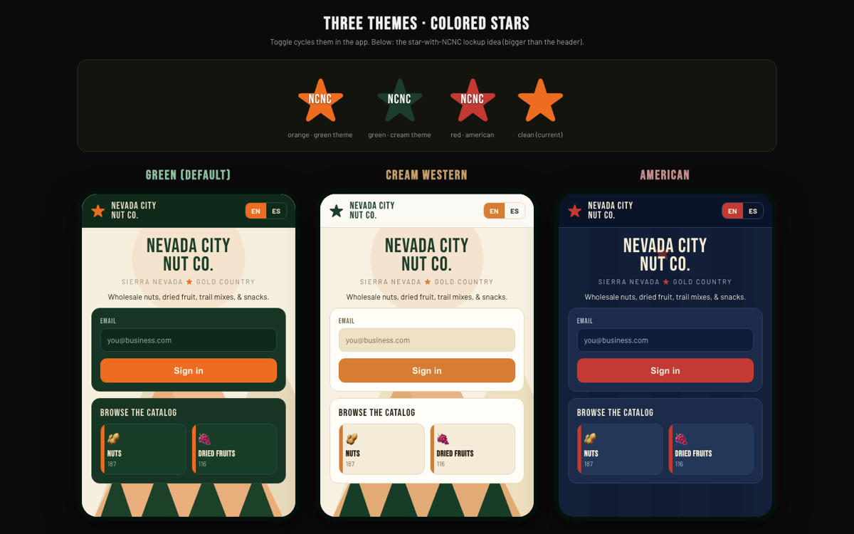 The same Nevada City Nut app in three complete visual themes