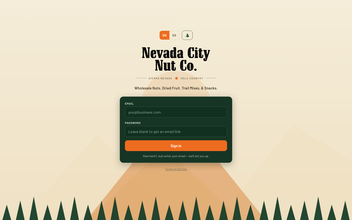 Nevada City Nut Co. wholesale ordering app — sign-in and landing page
