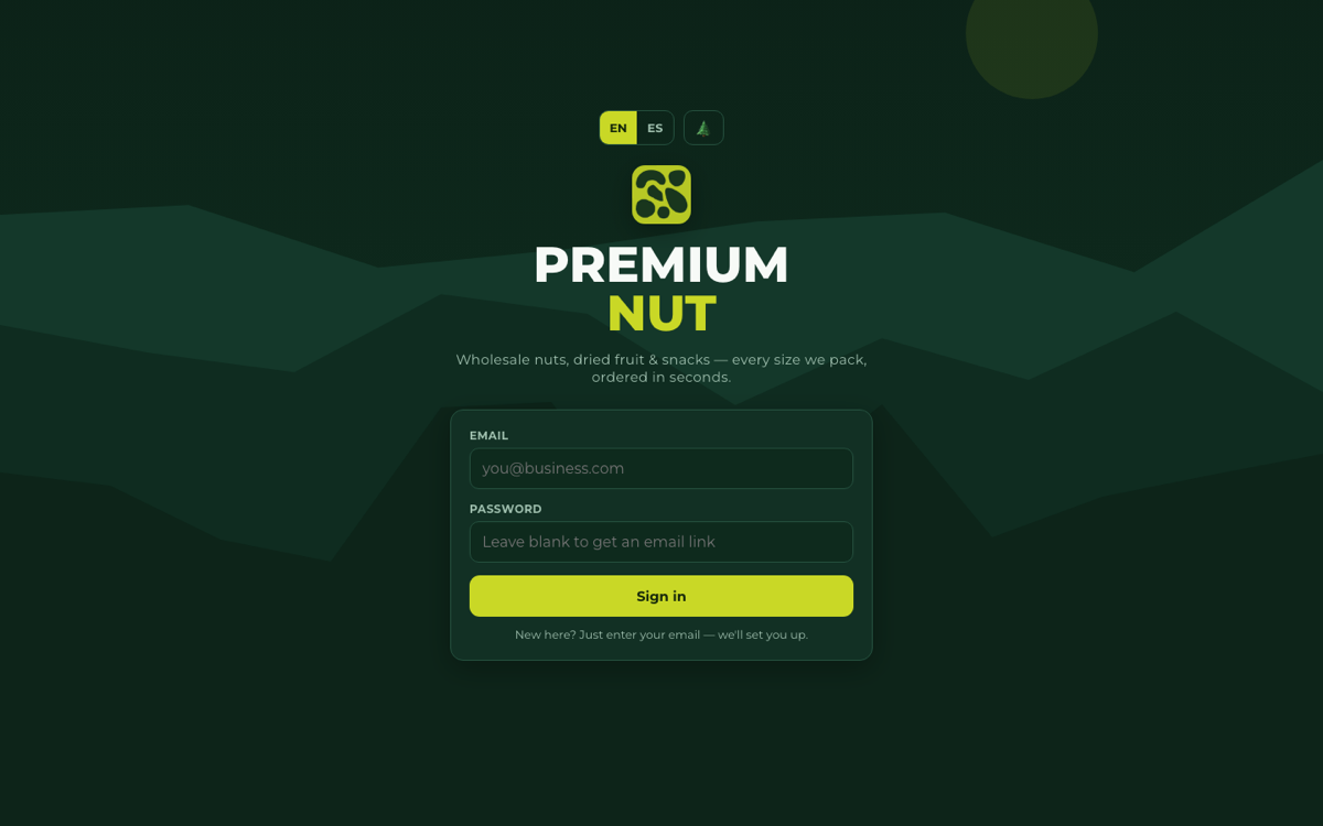 Premium Nut customer ordering app — dark themed sign-in