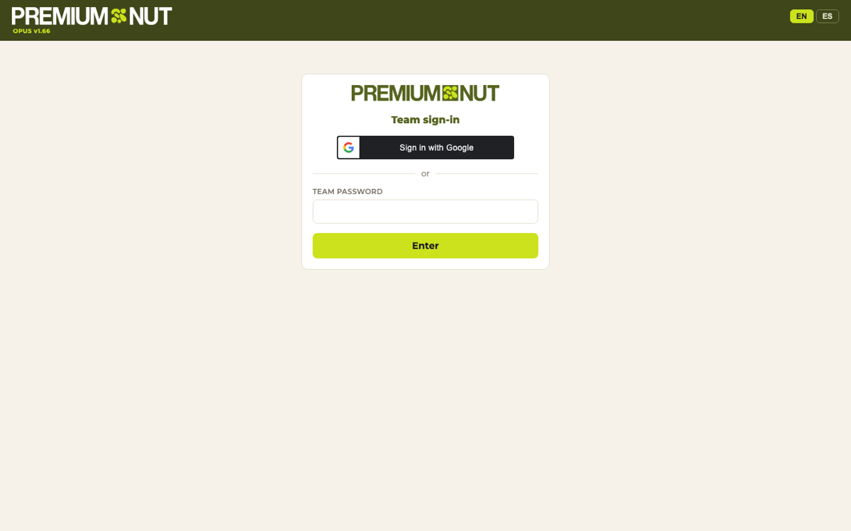 Premium Nut OPUS operations hub — team sign-in